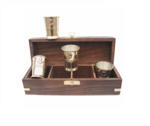 Sada medených štamperlíkov s motívom kotva v drevenej krabičke - 4 ks – Obrázok 1